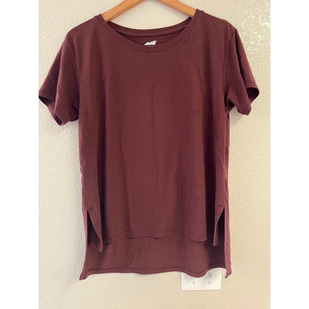 Avia Womens Burgundy Short Sleeve Activewear Top Size Medium Side Slit High Low